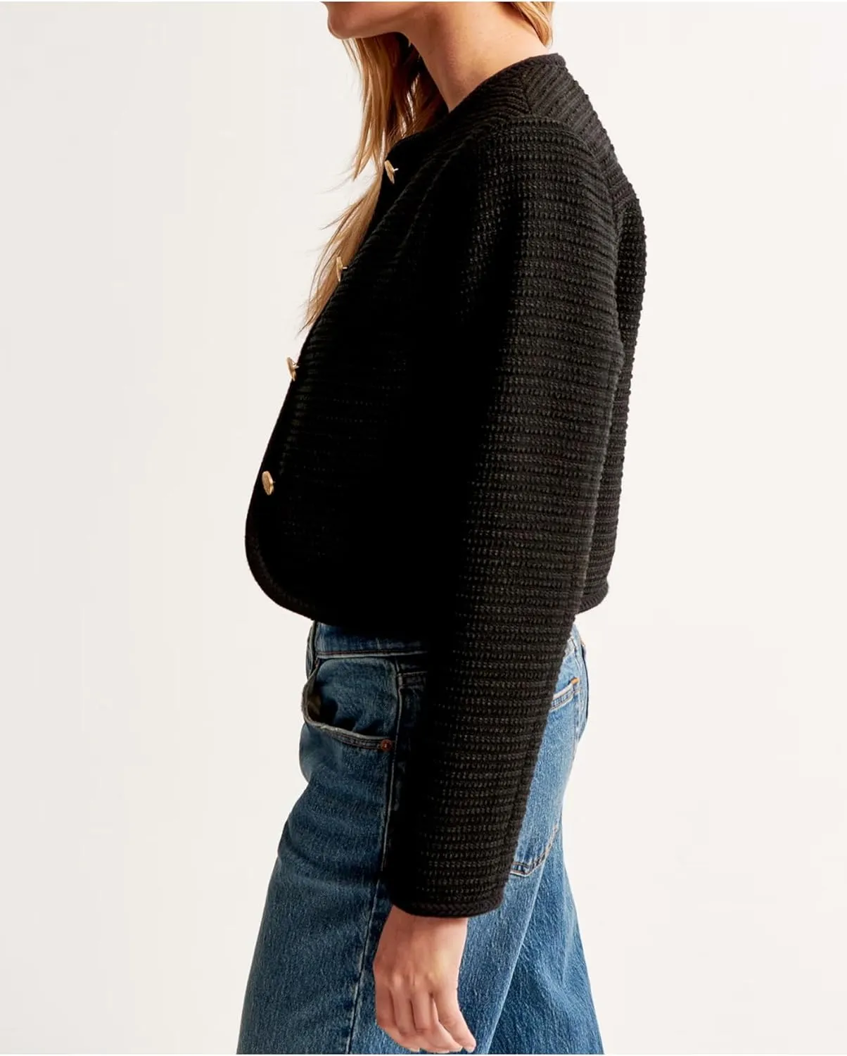 Women's Tweed Jackets Long Sleeve Crew Neck Button Down Cropped Jacket Coat with Pockets