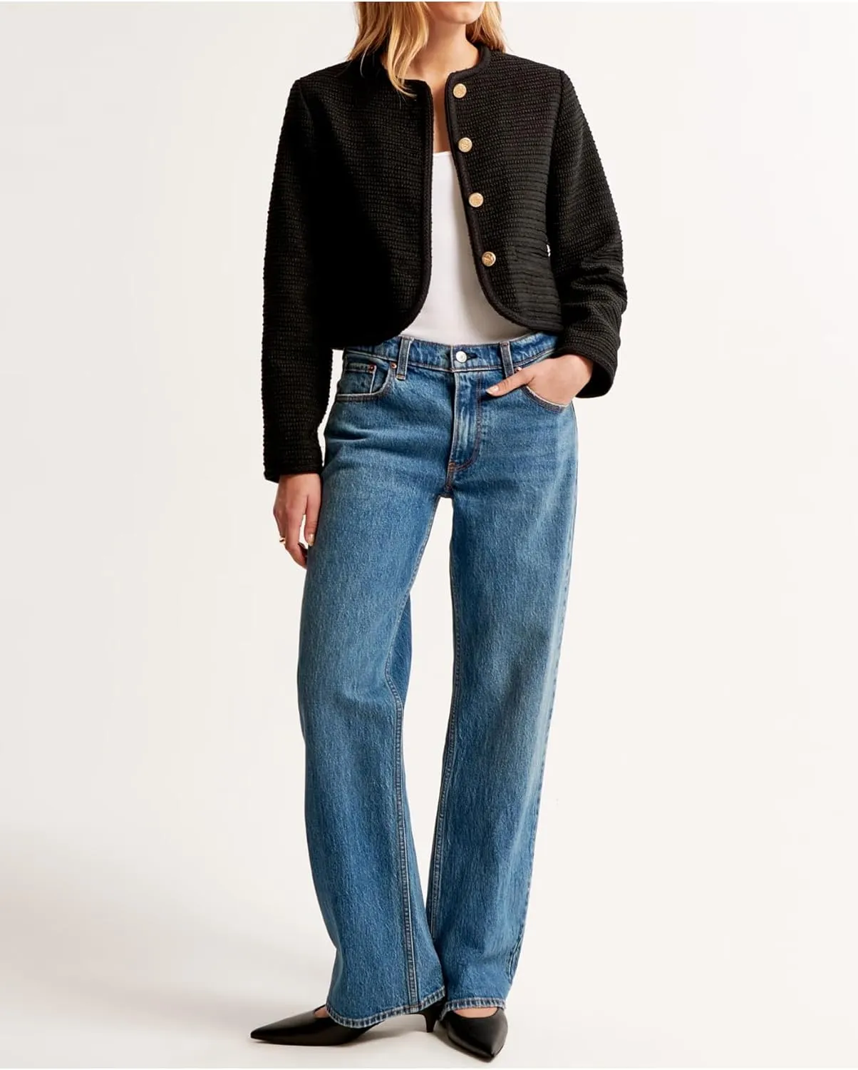 Women's Tweed Jackets Long Sleeve Crew Neck Button Down Cropped Jacket Coat with Pockets