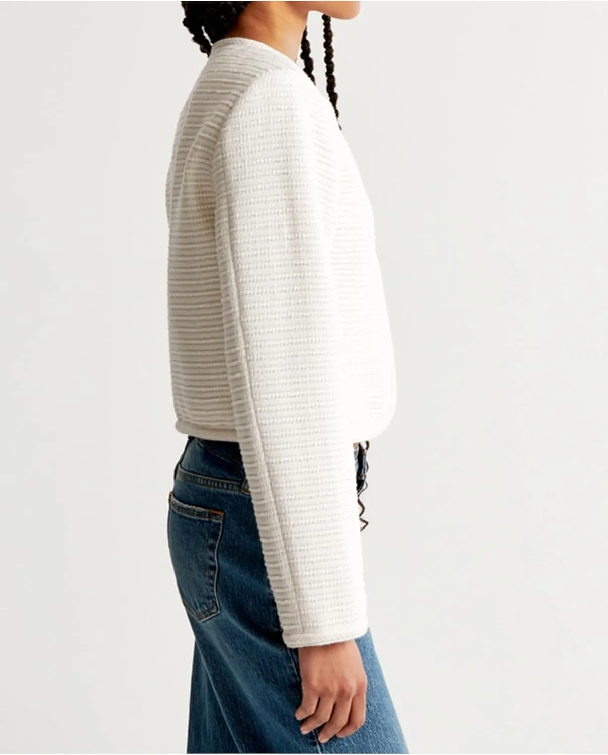 Women's Tweed Jackets Long Sleeve Crew Neck Button Down Cropped Jacket Coat with Pockets