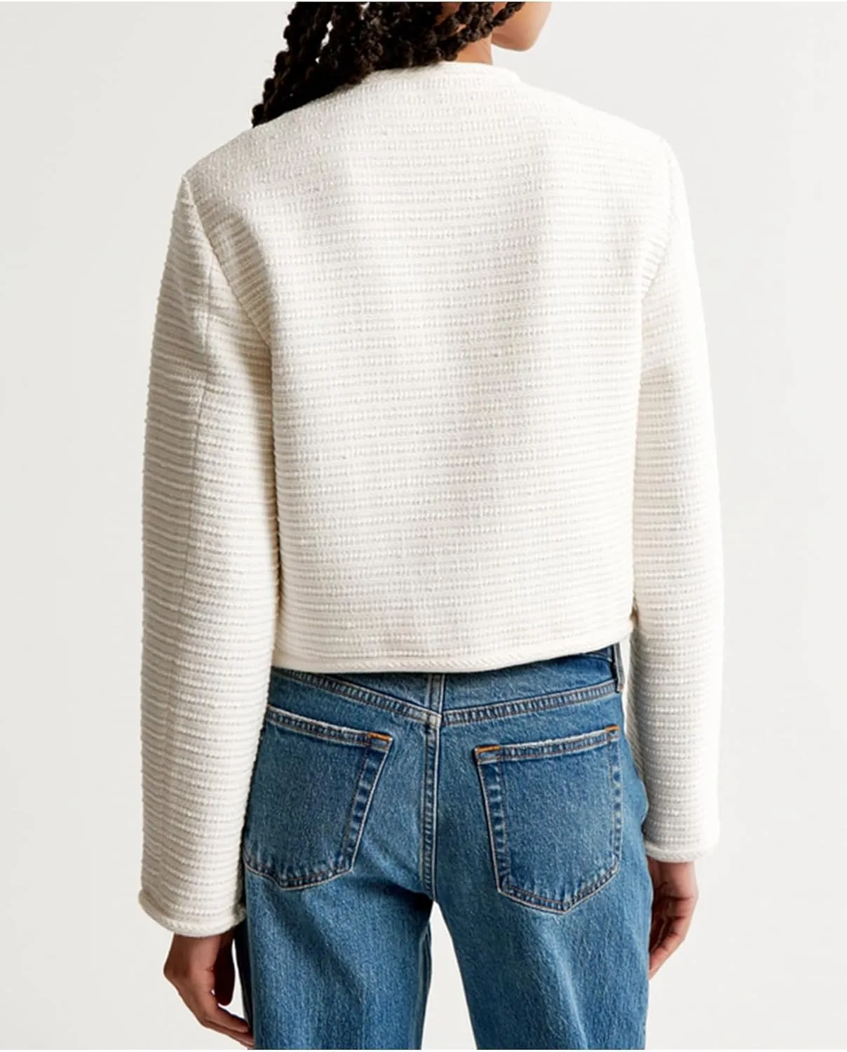 Women's Tweed Jackets Long Sleeve Crew Neck Button Down Cropped Jacket Coat with Pockets