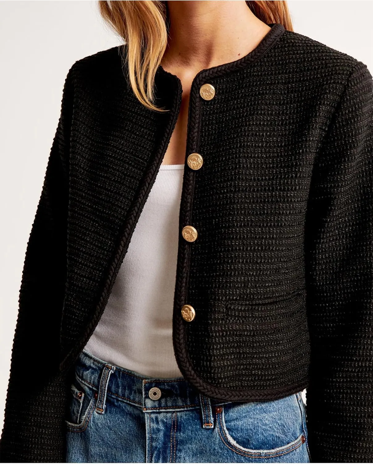 Women's Tweed Jackets Long Sleeve Crew Neck Button Down Cropped Jacket Coat with Pockets