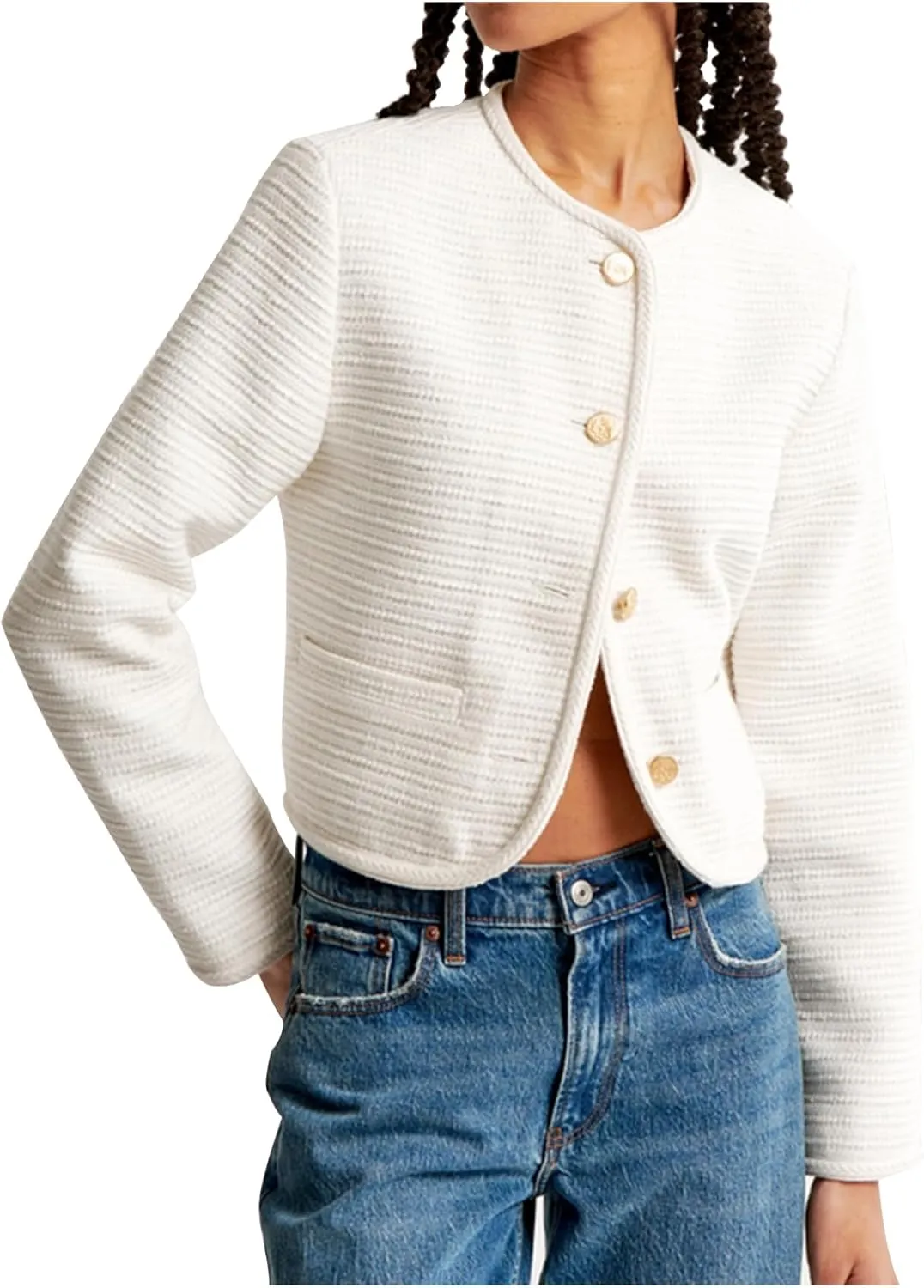 Women's Tweed Jackets Long Sleeve Crew Neck Button Down Cropped Jacket Coat with Pockets