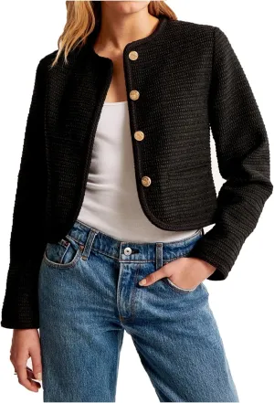 Women's Tweed Jackets Long Sleeve Crew Neck Button Down Cropped Jacket Coat with Pockets