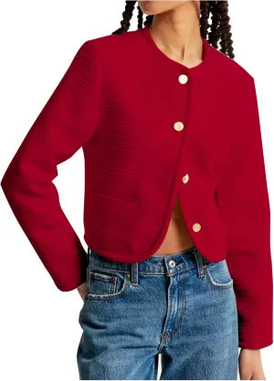Women's Tweed Jackets Long Sleeve Crew Neck Button Down Cropped Jacket Coat with Pockets