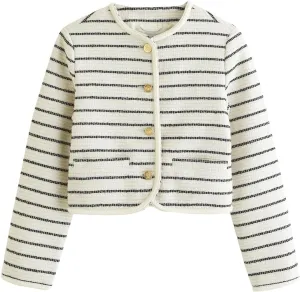 Women's Tweed Jackets Long Sleeve Crew Neck Button Down Cropped Jacket Coat with Pockets