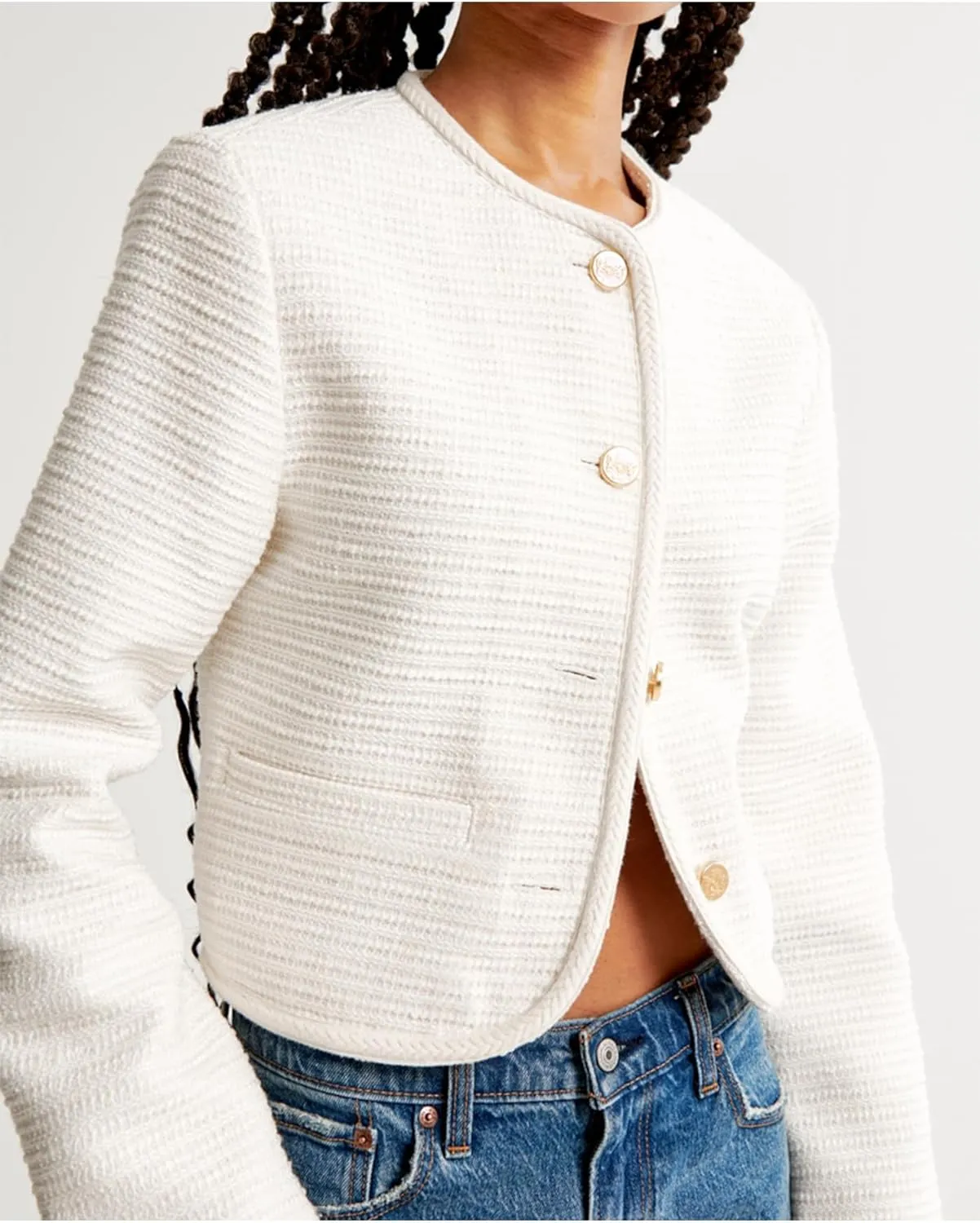 Women's Tweed Jackets Long Sleeve Crew Neck Button Down Cropped Jacket Coat with Pockets