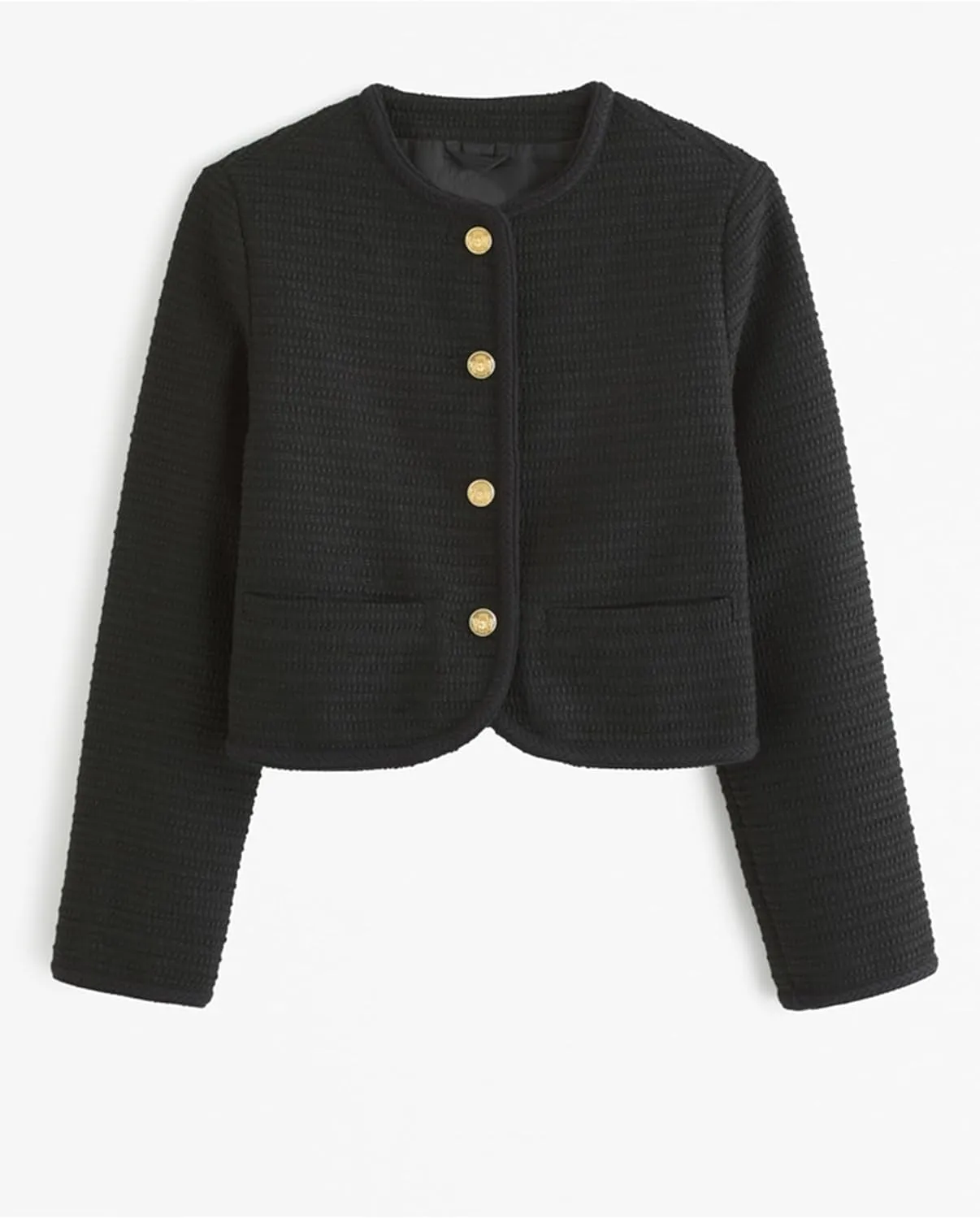 Women's Tweed Jackets Long Sleeve Crew Neck Button Down Cropped Jacket Coat with Pockets
