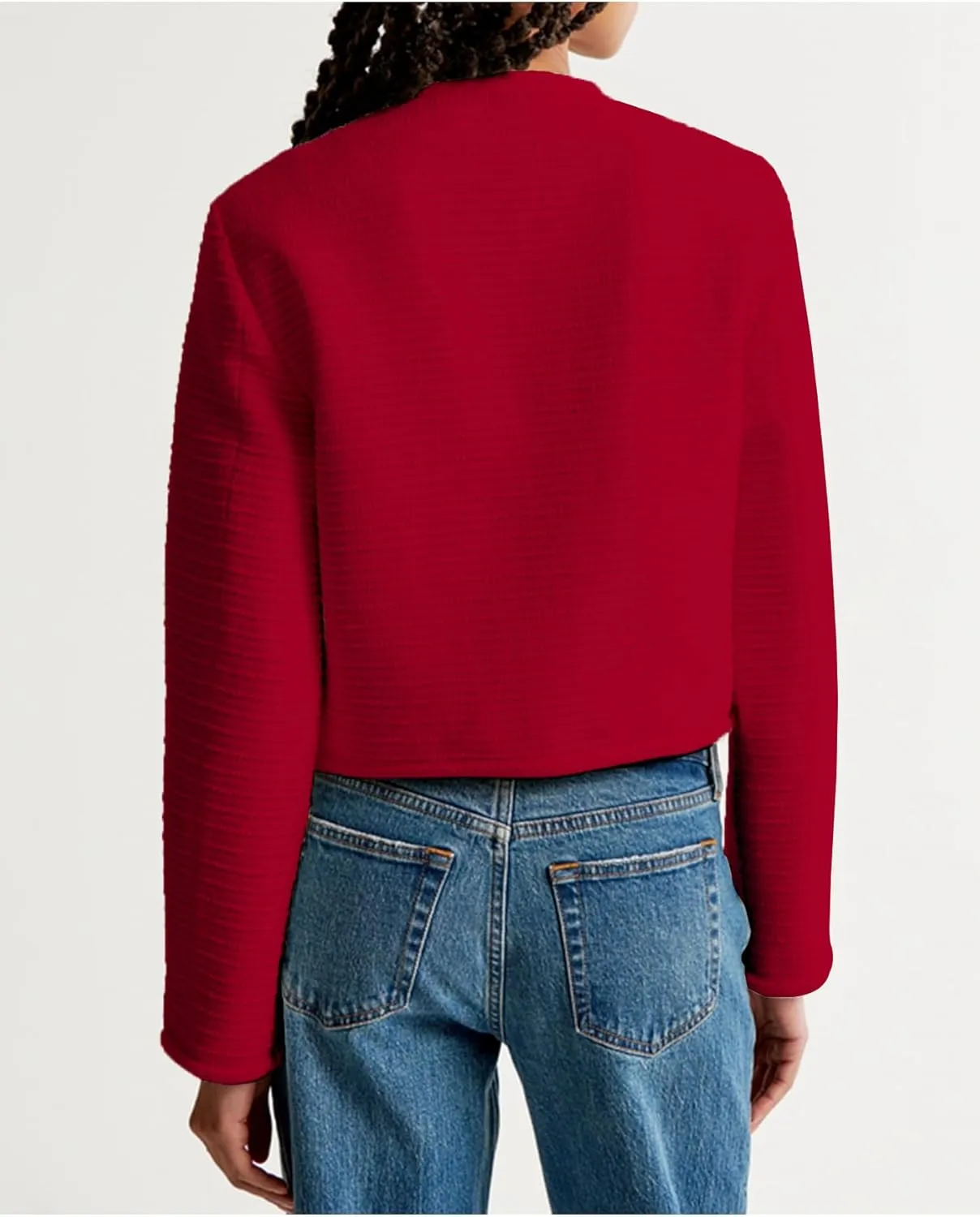 Women's Tweed Jackets Long Sleeve Crew Neck Button Down Cropped Jacket Coat with Pockets