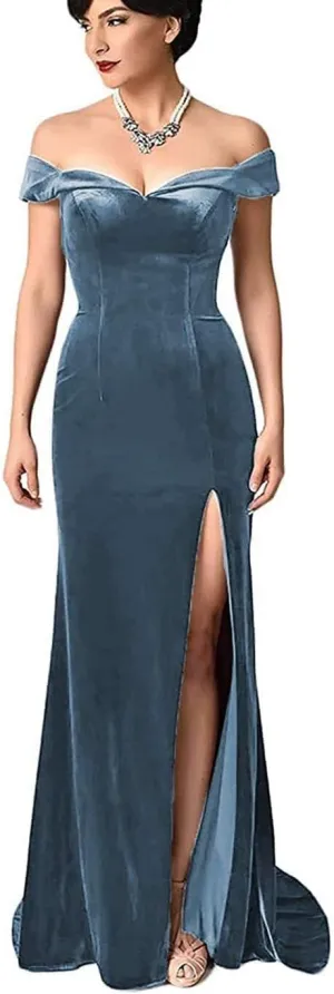 Women's Velvet Mermaid Bridesmaid Dresses for Wedding Off The Shoulder Long Formal Prom Dress LS15