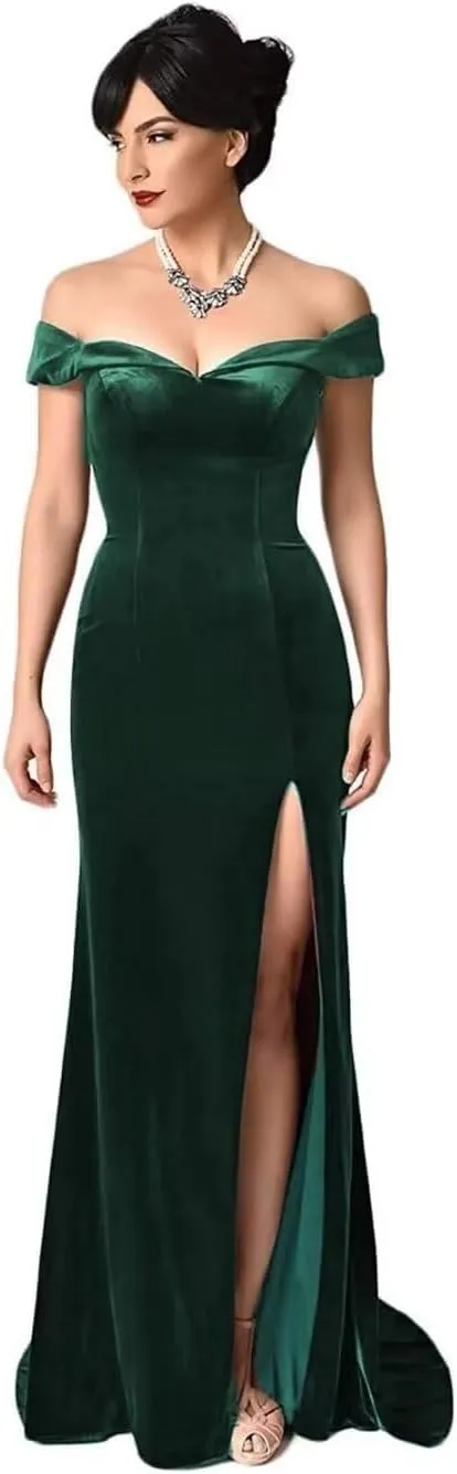 Women's Velvet Mermaid Bridesmaid Dresses for Wedding Off The Shoulder Long Formal Prom Dress LS15