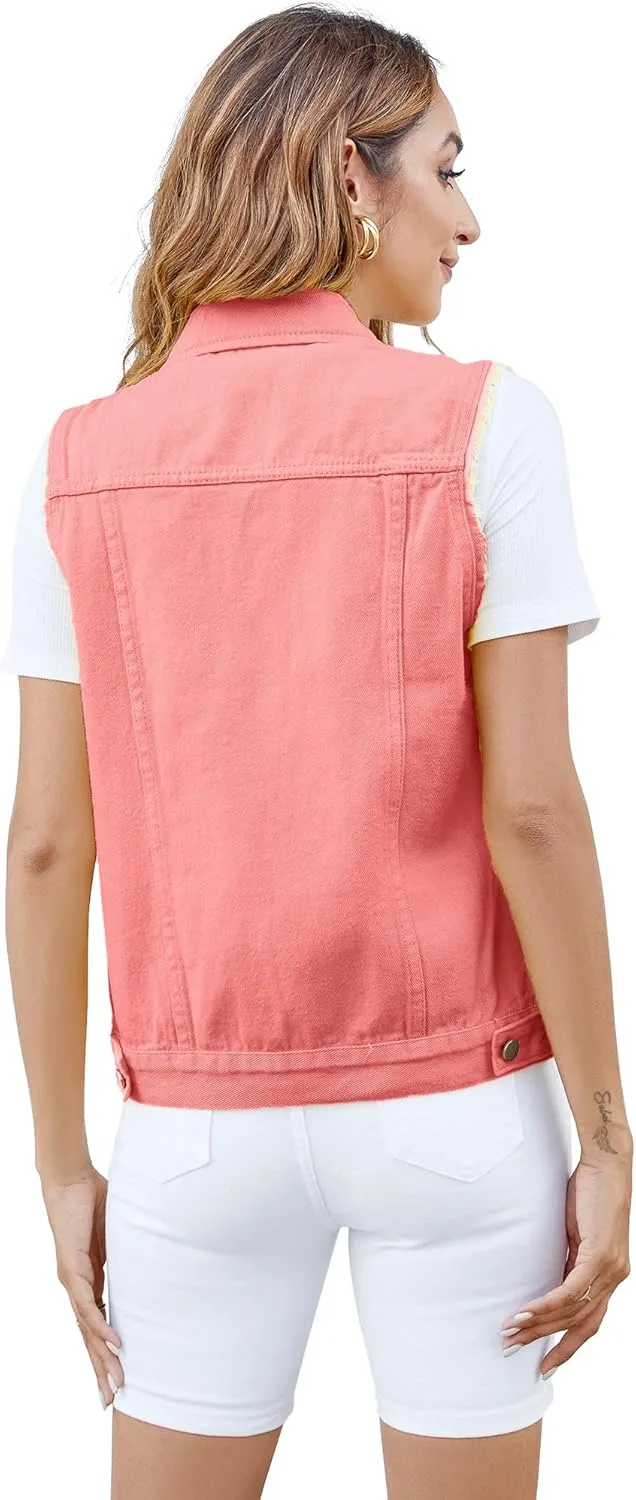 Women's Vests Denim Jacket Sleeveless Slim Fit Distressed Crop Coats with Pockets