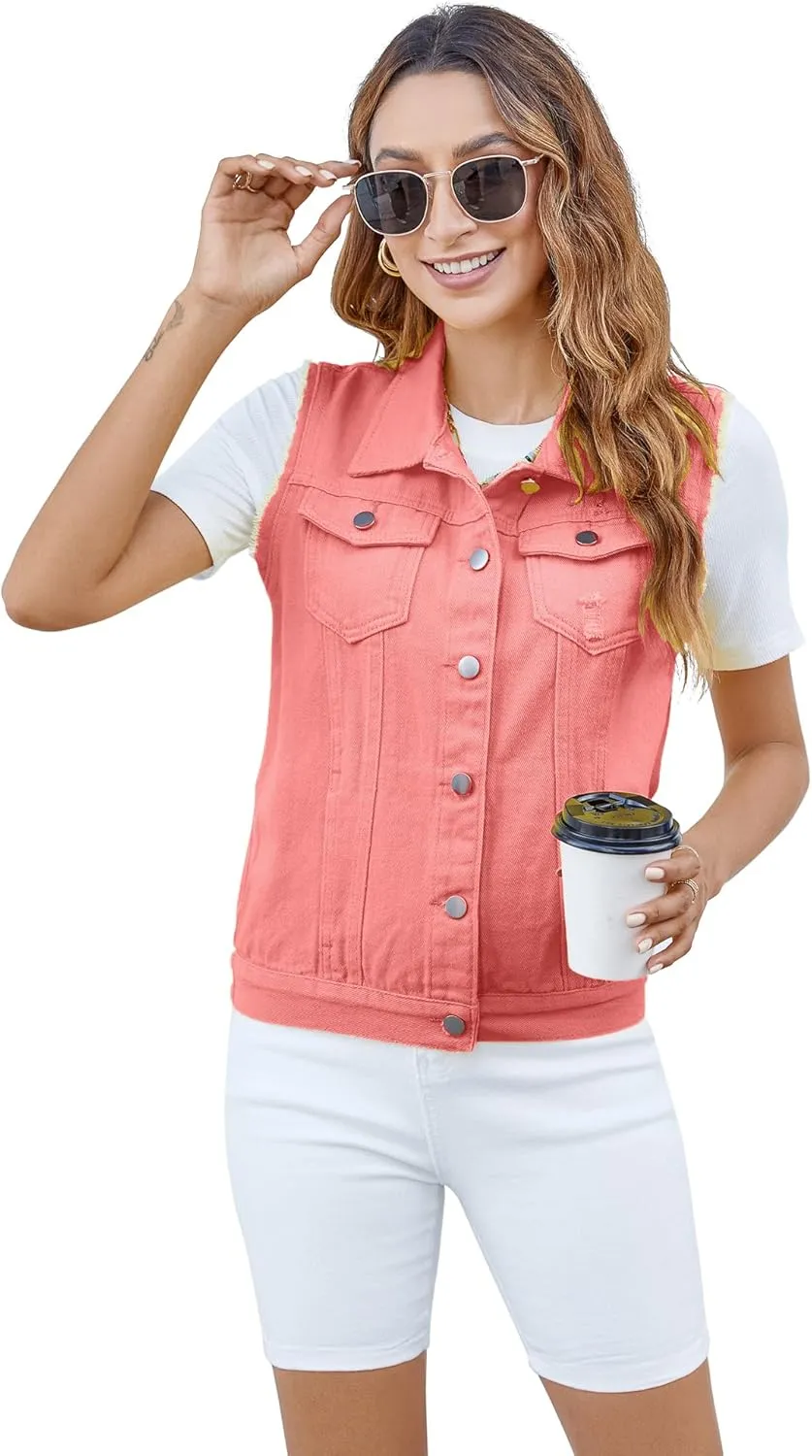 Women's Vests Denim Jacket Sleeveless Slim Fit Distressed Crop Coats with Pockets
