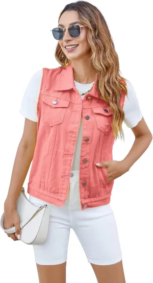 Women's Vests Denim Jacket Sleeveless Slim Fit Distressed Crop Coats with Pockets