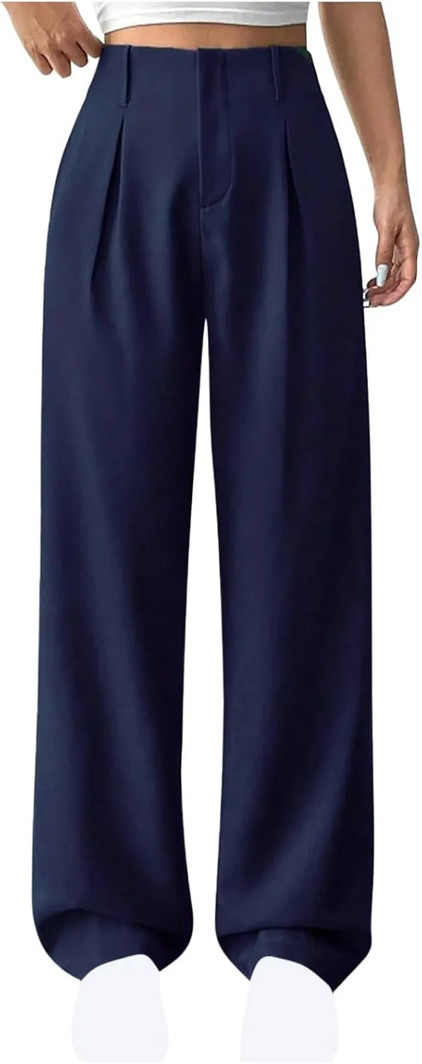 Women's Wide Leg Pants Dressy Flowy Summer Beach Palazzo Pants Elastic Waist Baggy Trousers for Business