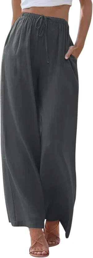 Women's Wide Leg Pants High Elastic Waisted Cotton Linen Pants Summer Palazzo Lounge Pants Casual Comfy Trousers with Pockets