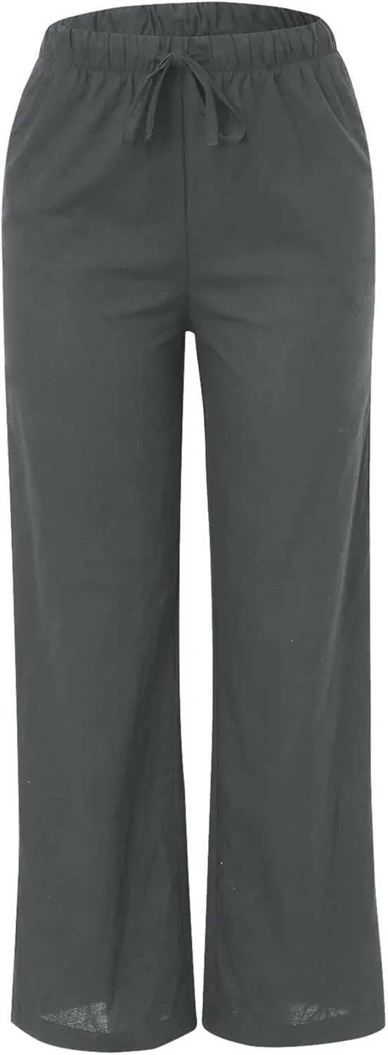 Women's Wide Leg Pants High Elastic Waisted Cotton Linen Pants Summer Palazzo Lounge Pants Casual Comfy Trousers with Pockets