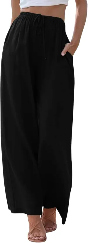 Women's Wide Leg Pants High Elastic Waisted Cotton Linen Pants Summer Palazzo Lounge Pants Casual Comfy Trousers with Pockets