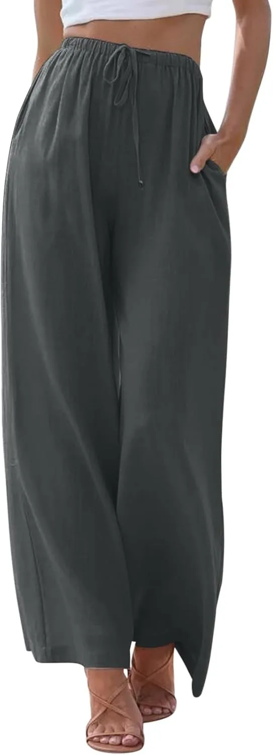 Women's Wide Leg Pants High Elastic Waisted Cotton Linen Pants Summer Palazzo Lounge Pants Casual Comfy Trousers with Pockets