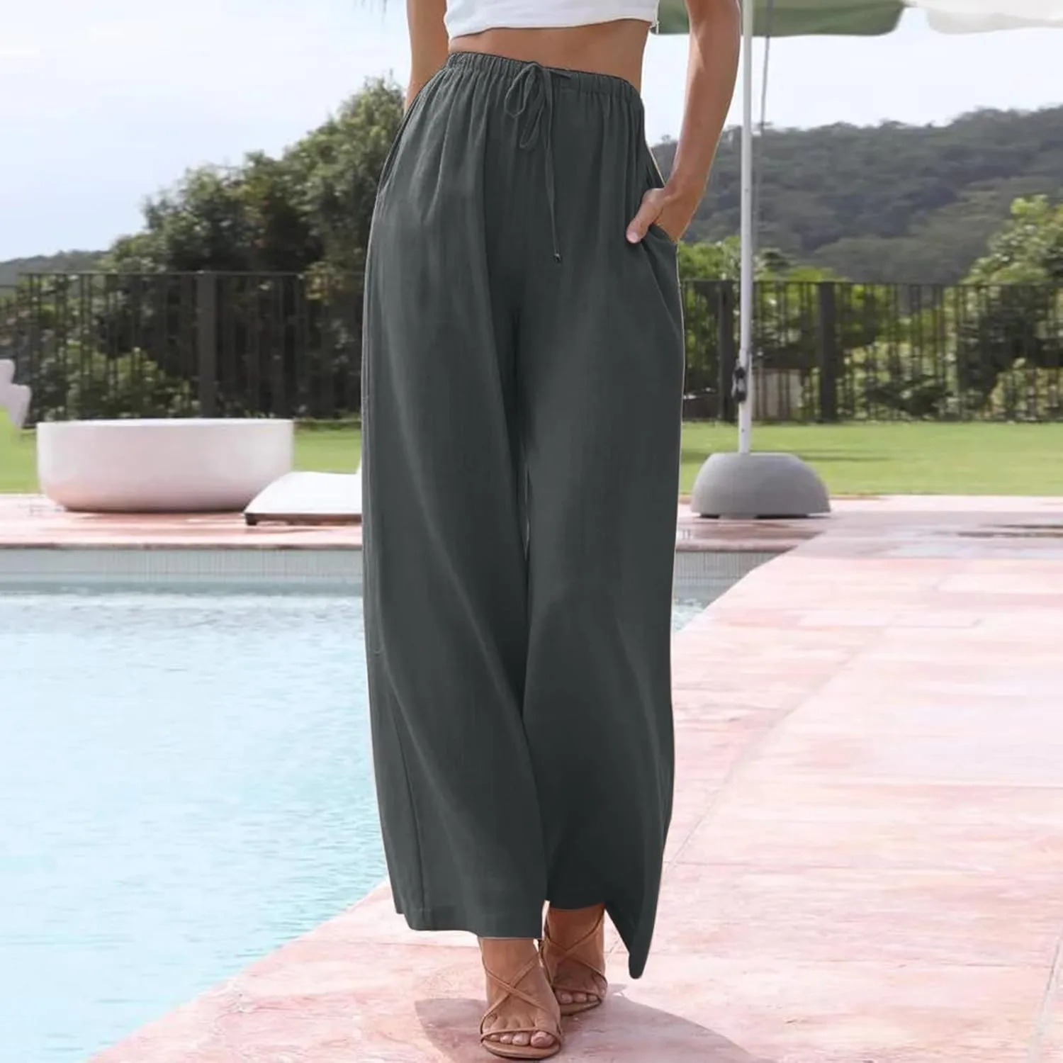 Women's Wide Leg Pants High Elastic Waisted Cotton Linen Pants Summer Palazzo Lounge Pants Casual Comfy Trousers with Pockets
