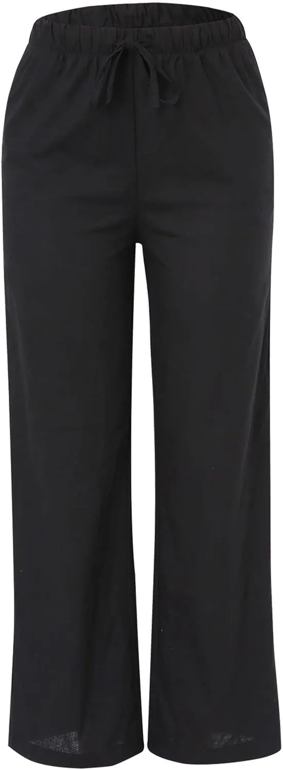 Women's Wide Leg Pants High Elastic Waisted Cotton Linen Pants Summer Palazzo Lounge Pants Casual Comfy Trousers with Pockets