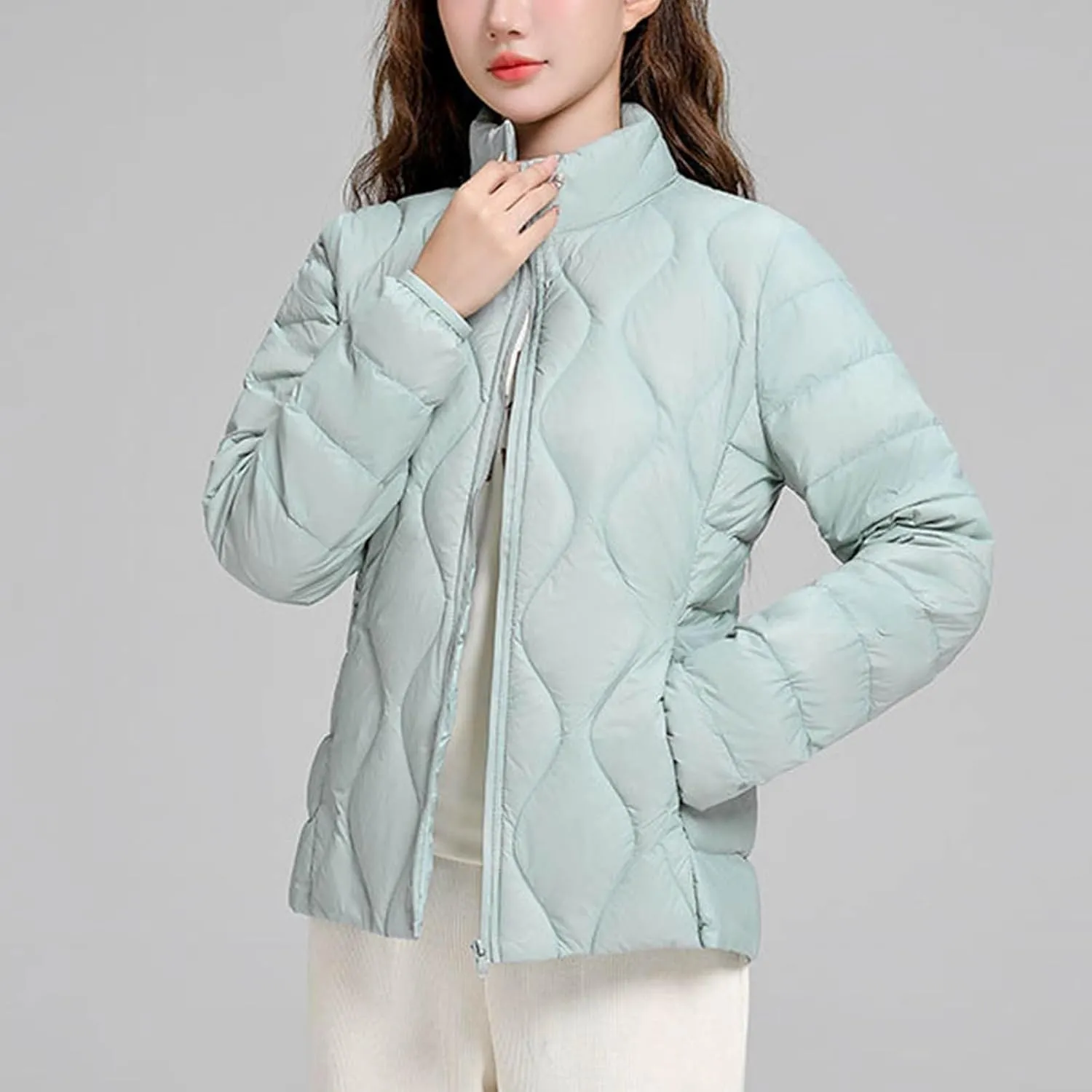 Women's Winter Warm Jacket Fashion Solid Color Stand Collar Long Sleeves Lightweight Down Cotton Parkas Jacket
