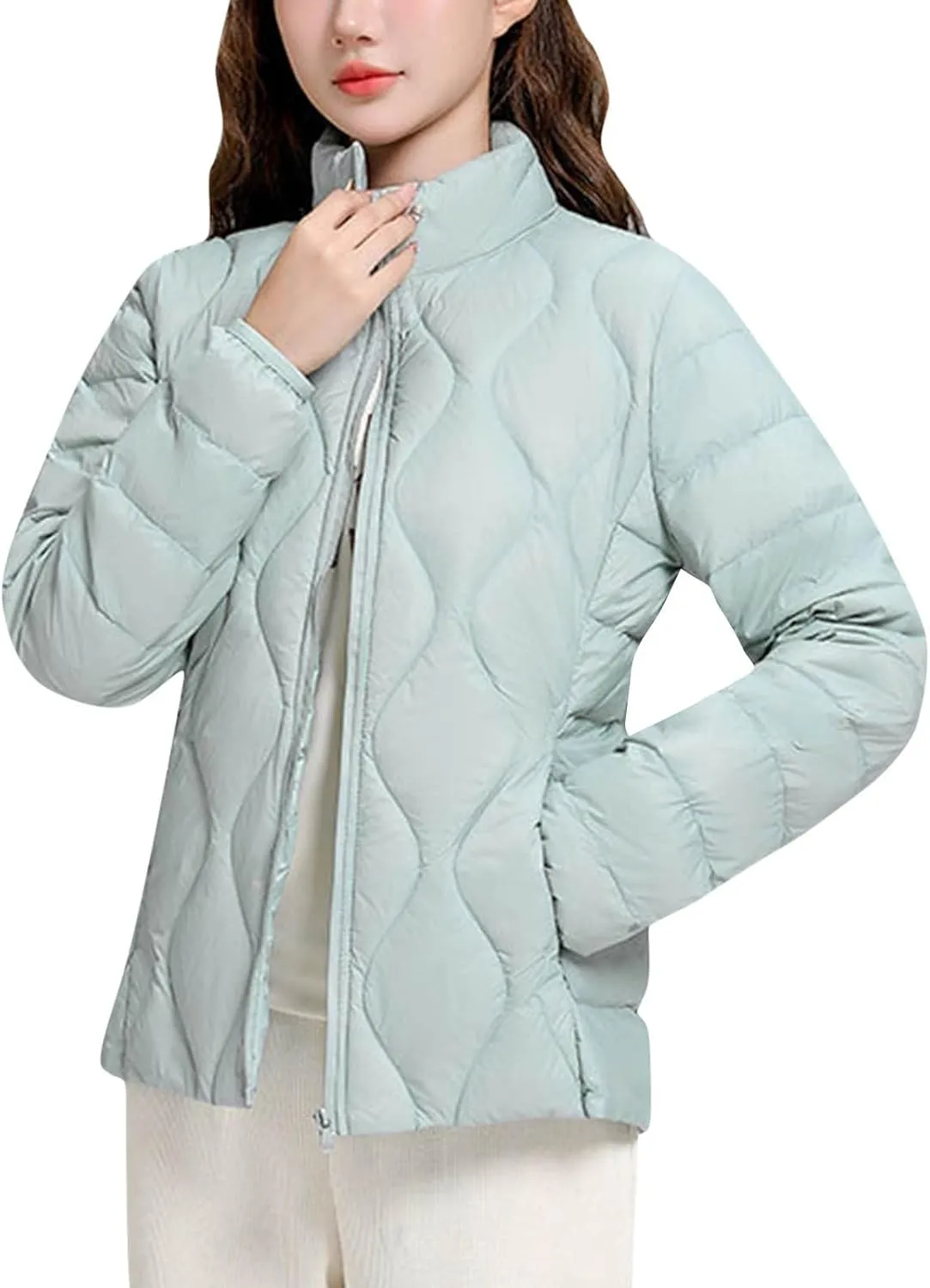 Women's Winter Warm Jacket Fashion Solid Color Stand Collar Long Sleeves Lightweight Down Cotton Parkas Jacket
