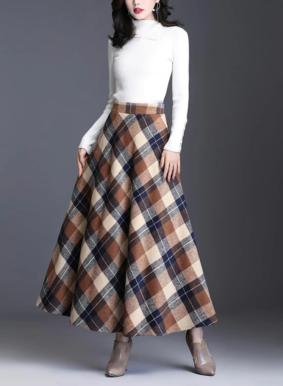 Women's Winter Warm Wool Plaid High Waist A-Line Drape Pleated Maxi Skirts with Pockets
