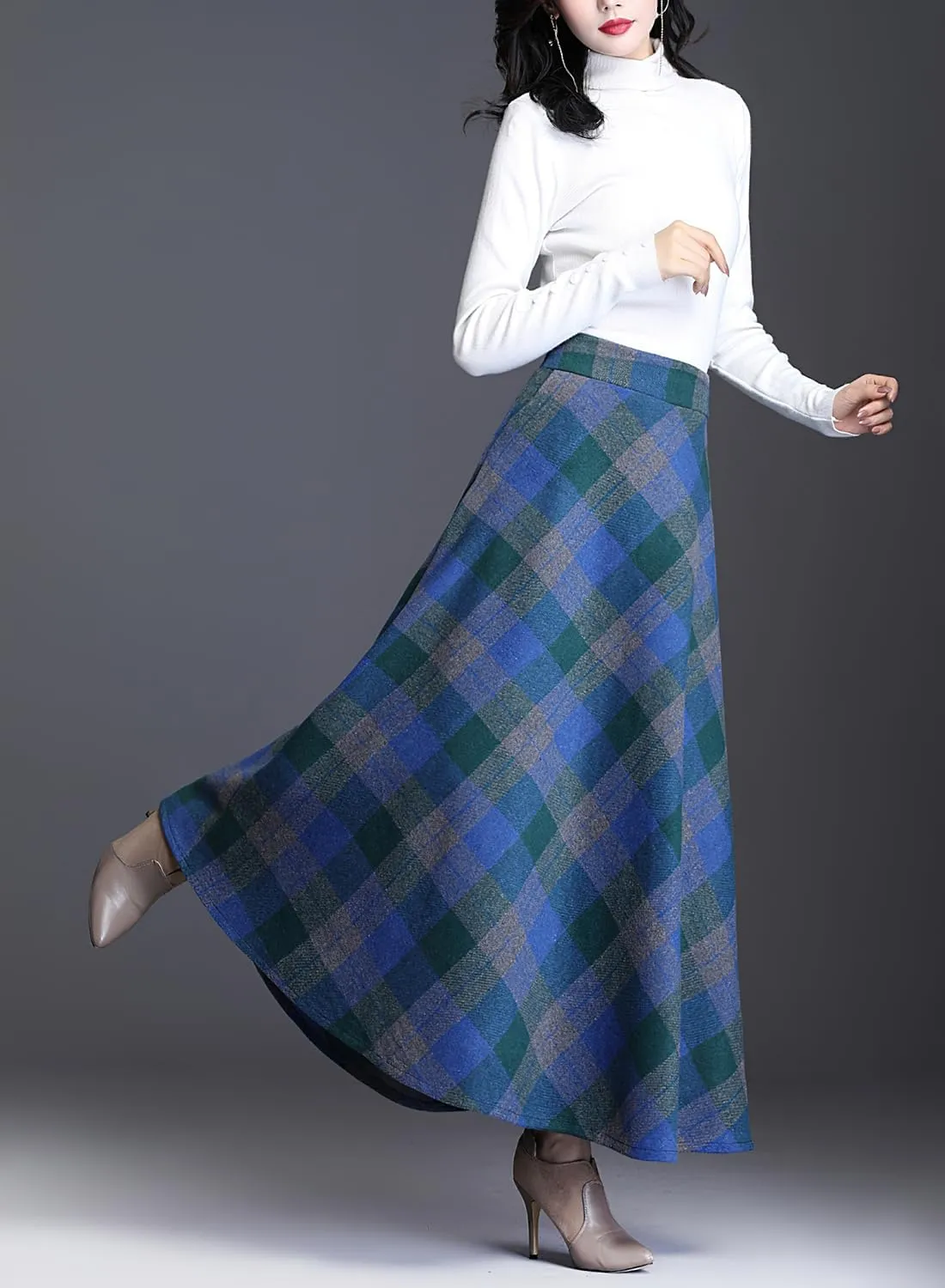 Women's Winter Warm Wool Plaid High Waist A-Line Drape Pleated Maxi Skirts with Pockets