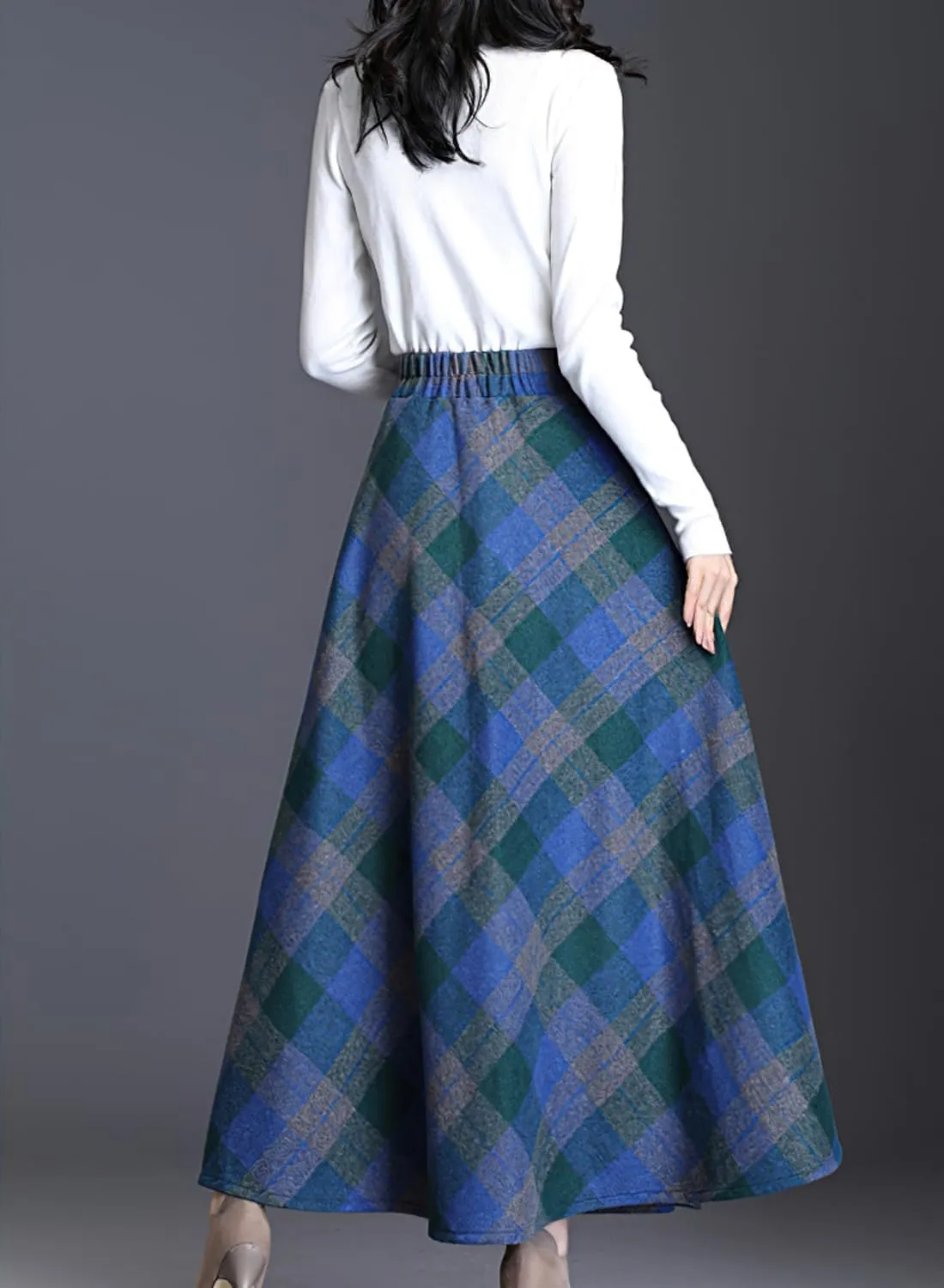 Women's Winter Warm Wool Plaid High Waist A-Line Drape Pleated Maxi Skirts with Pockets