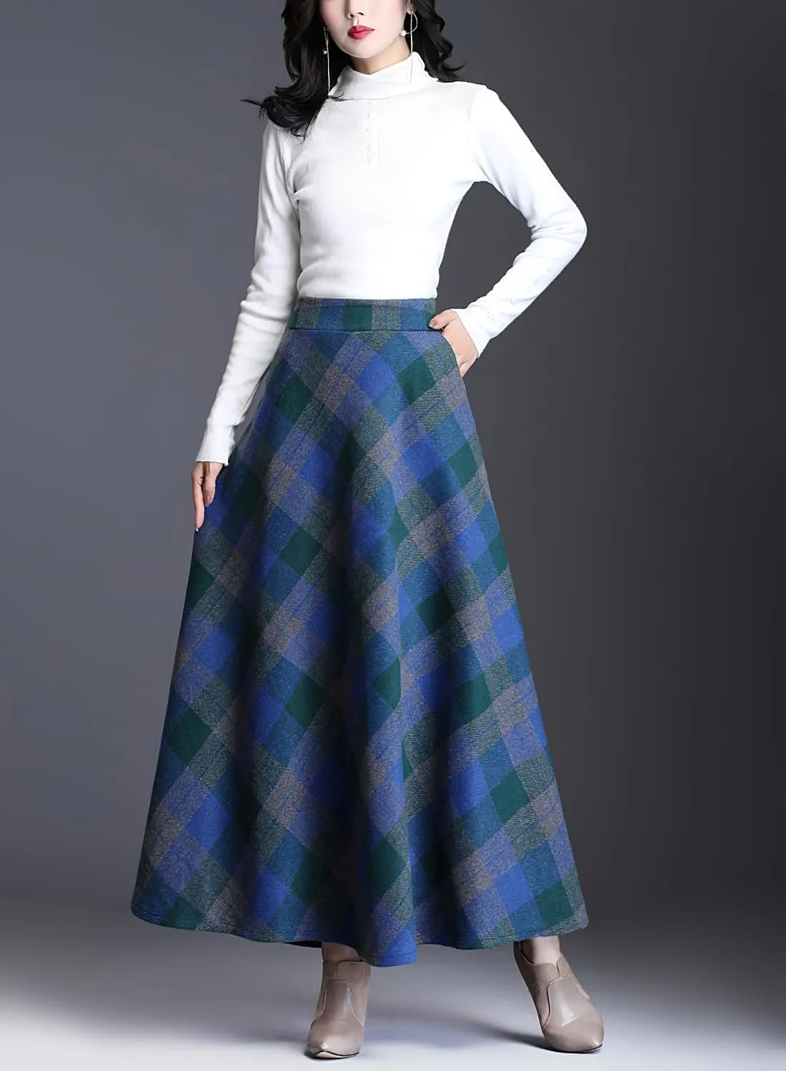 Women's Winter Warm Wool Plaid High Waist A-Line Drape Pleated Maxi Skirts with Pockets