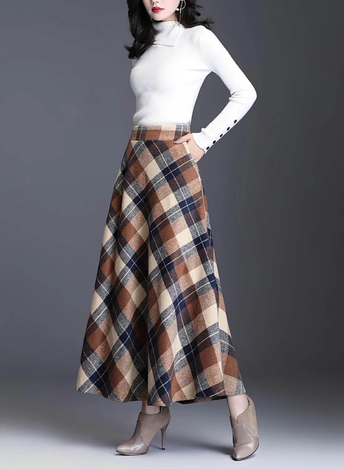 Women's Winter Warm Wool Plaid High Waist A-Line Drape Pleated Maxi Skirts with Pockets