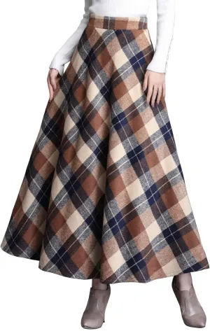 Women's Winter Warm Wool Plaid High Waist A-Line Drape Pleated Maxi Skirts with Pockets