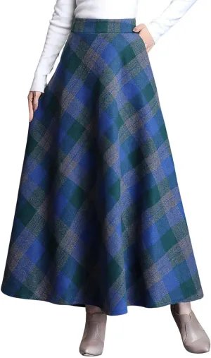 Women's Winter Warm Wool Plaid High Waist A-Line Drape Pleated Maxi Skirts with Pockets