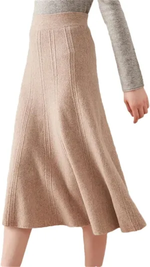 Women's Wool Knit Skirt Stretch High Waist Solid Color A-Line Office Pleated Midi Skirts