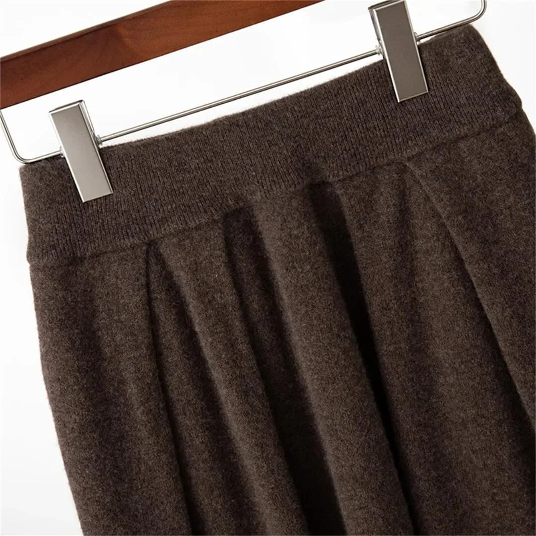 Women's Wool Knitted Skirt Casual Pleated Solid Color Stretch High Waist Office Midi Skirts