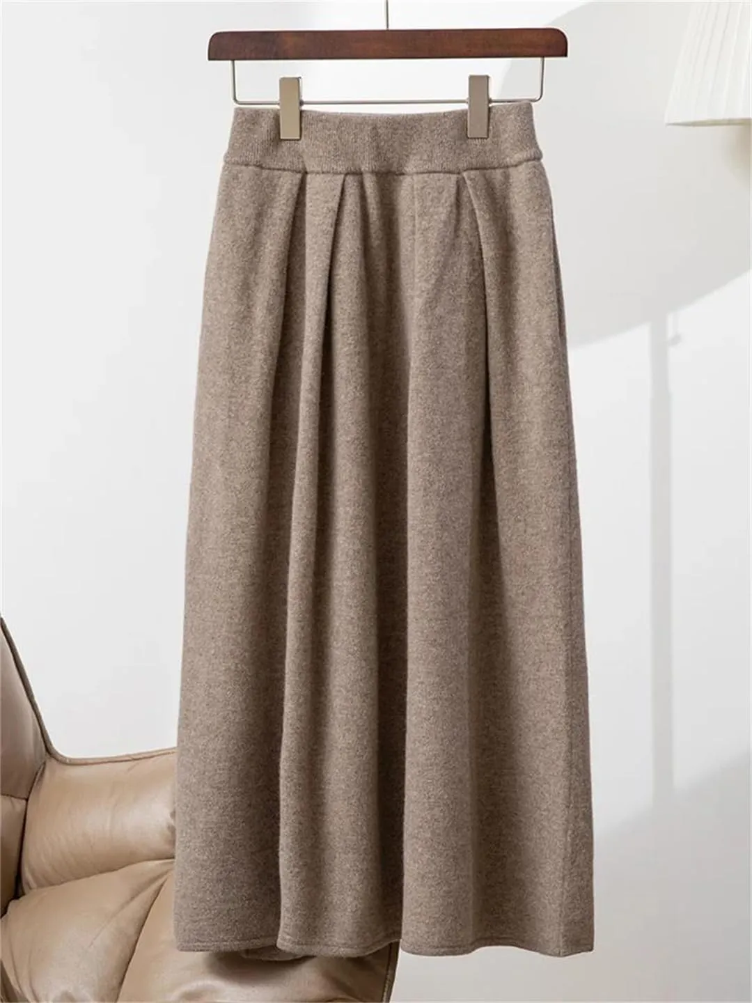 Women's Wool Knitted Skirt Casual Pleated Solid Color Stretch High Waist Office Midi Skirts