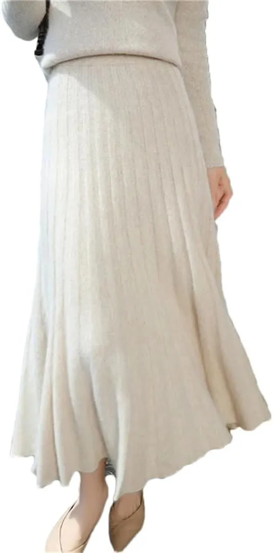 Women's Wool Pleated Skirt Office Stretch High Waist Solid Color Casual A Line Midi Skirts