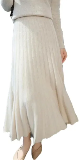 Women's Wool Pleated Skirt Office Stretch High Waist Solid Color Casual A Line Midi Skirts