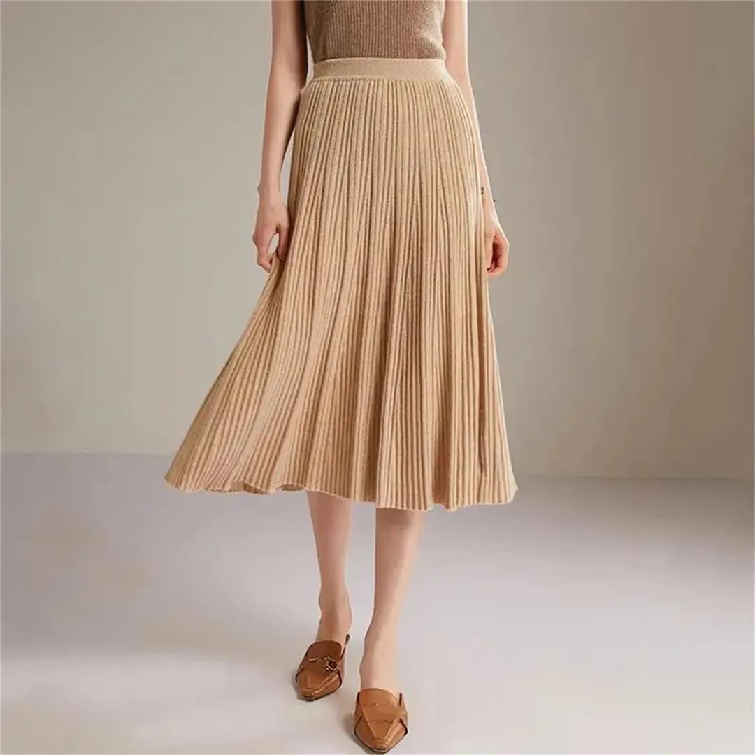 Women's Wool Skirt Stretch High Waist Pleated A Line Solid Color Business Casual Midi Skirts