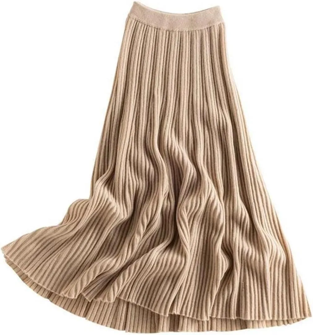 Women's Wool Skirt Stretch High Waist Pleated A Line Solid Color Business Casual Midi Skirts
