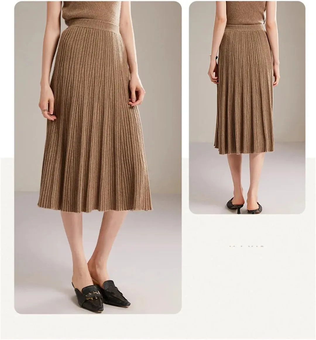 Women's Wool Skirt Stretch High Waist Pleated A Line Solid Color Business Casual Midi Skirts