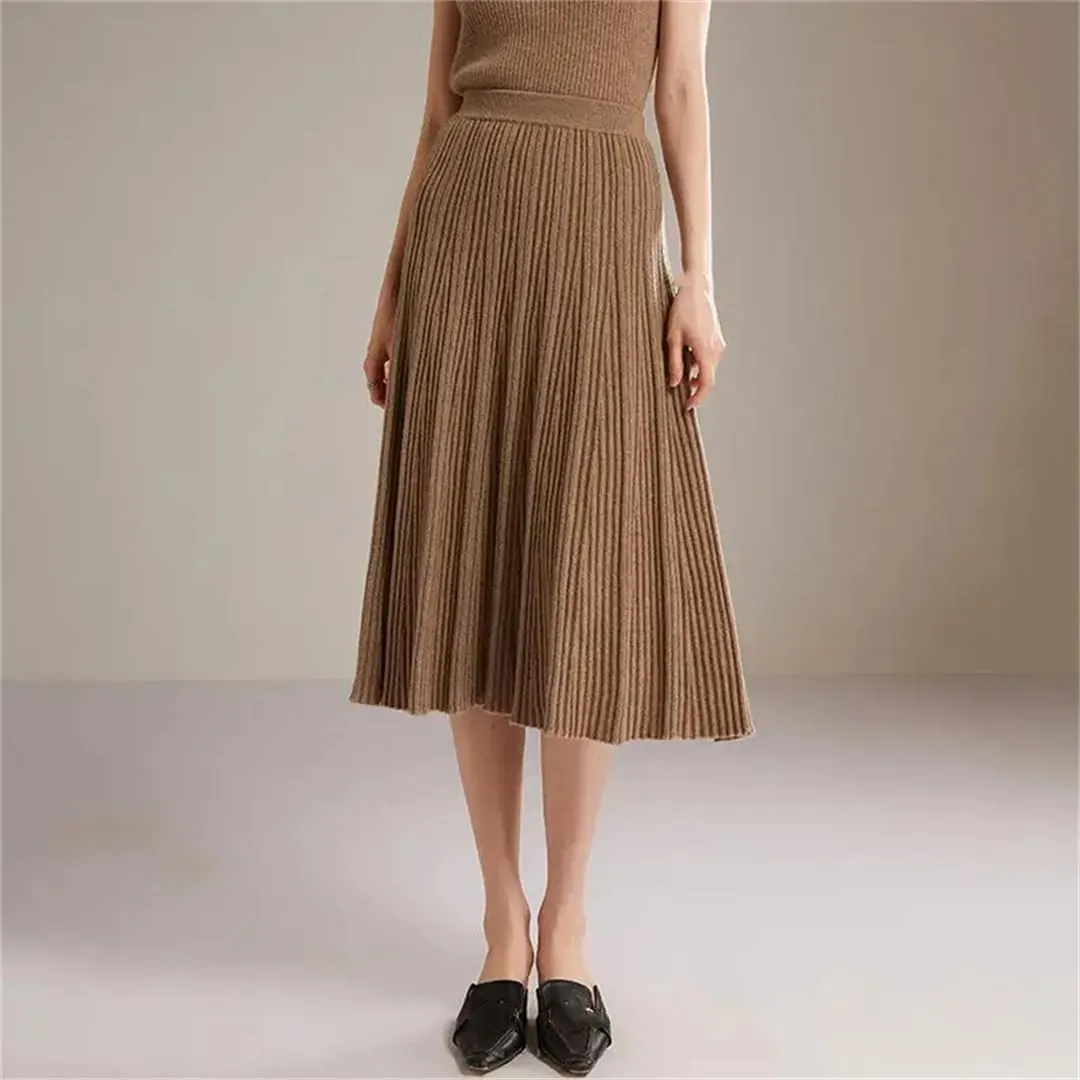 Women's Wool Skirt Stretch High Waist Pleated A Line Solid Color Business Casual Midi Skirts