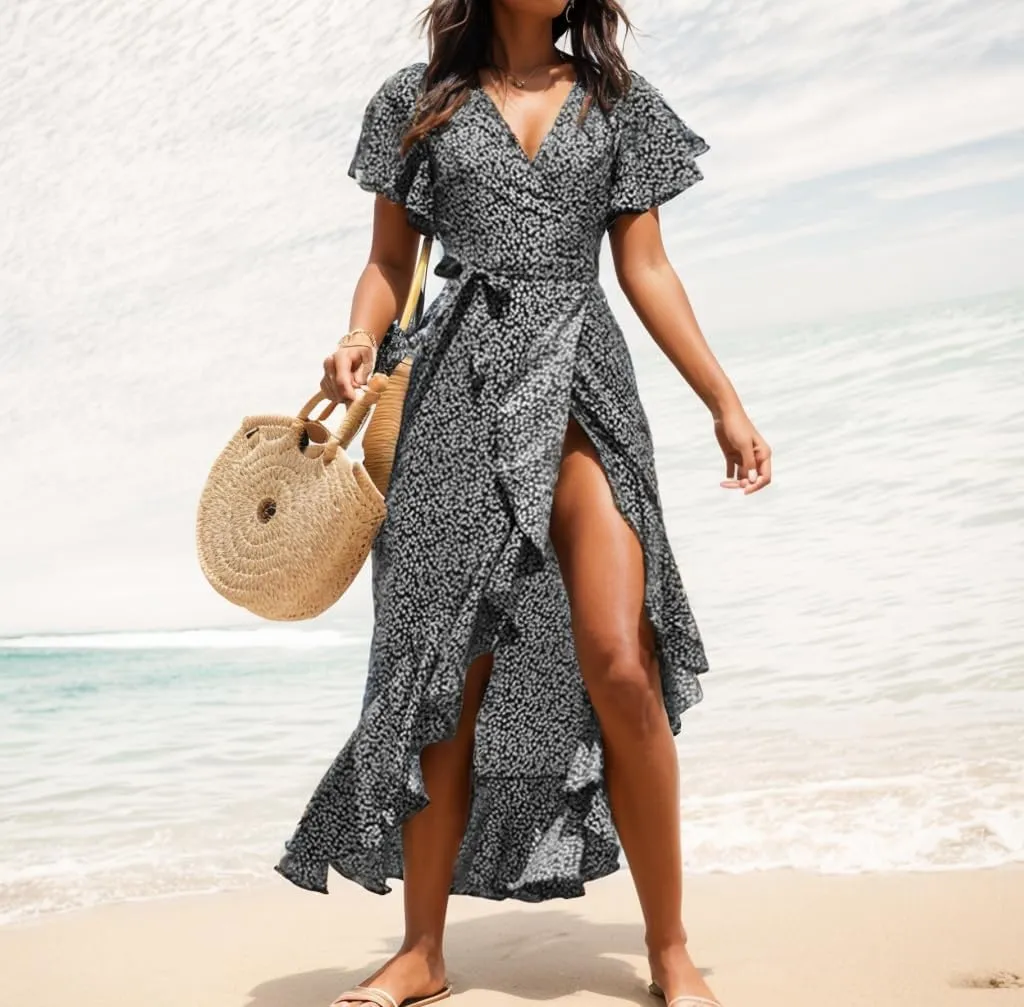 Women's Wrap V Neck Tie Front Midi Dress Ditsy Floral Ruffle Short Sleeve High Low Irregular Hem Casual Swing Aline Dress