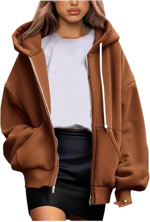 Women's Zip Up Hoodies Fleeced Long Sleeve Fall Coats Oversized Jackets With Pockets Tunic Casual Hooded Sweatshirt