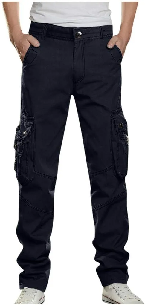 WUAI-Men Relaxed Straight-Fit Cargo Work Pant Elastic Waist Stretch Twill Relaxed Work Tactical Pants