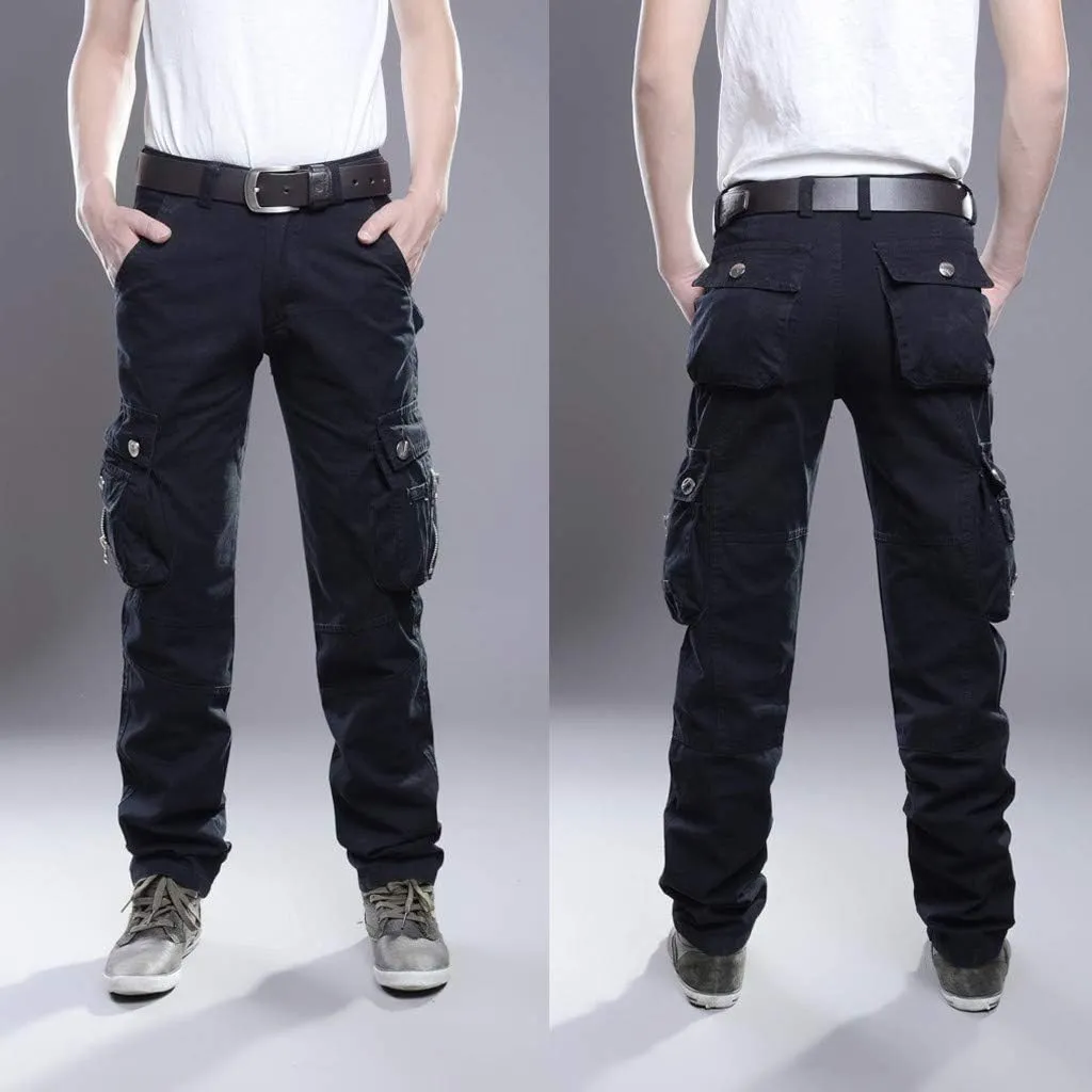 WUAI-Men Relaxed Straight-Fit Cargo Work Pant Elastic Waist Stretch Twill Relaxed Work Tactical Pants