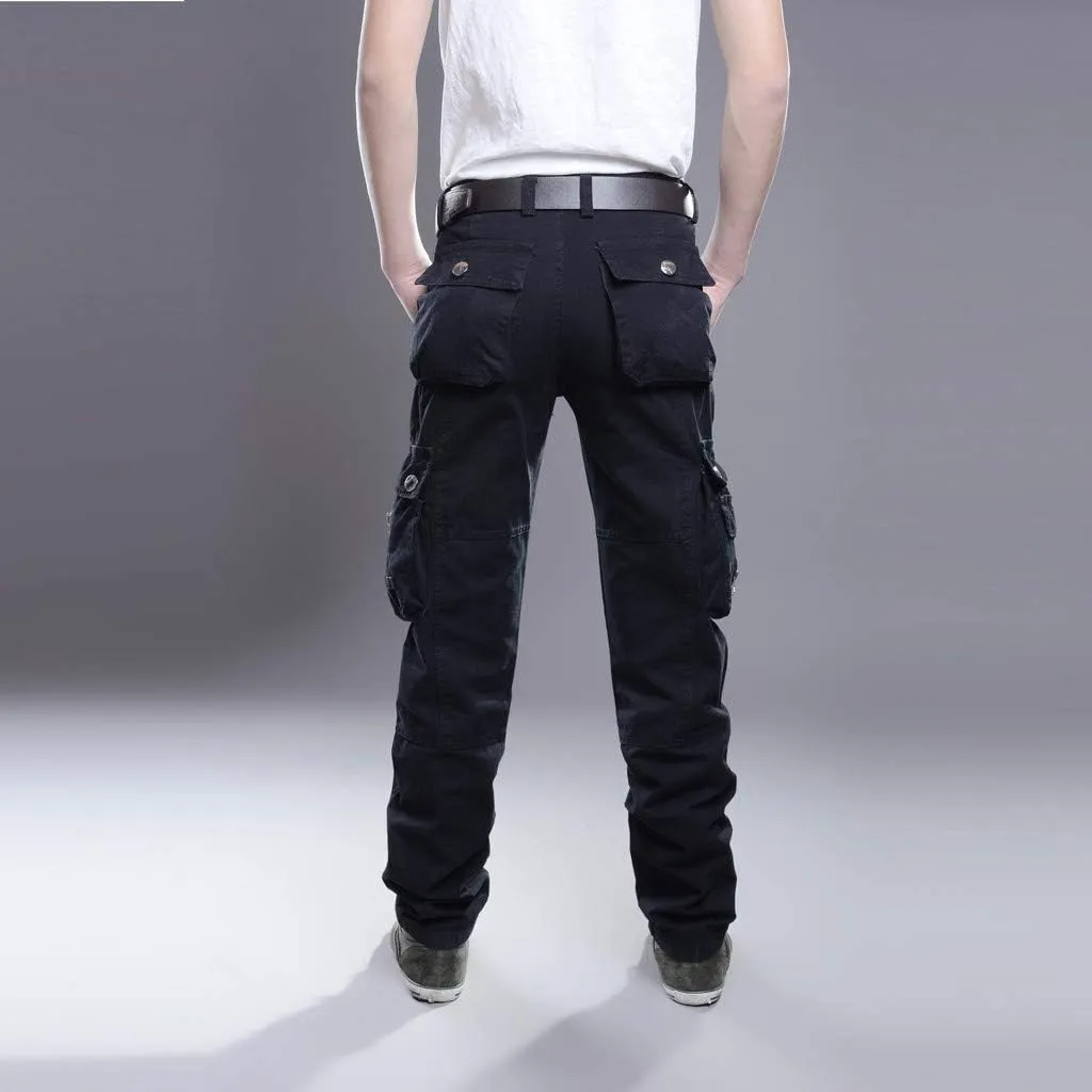 WUAI-Men Relaxed Straight-Fit Cargo Work Pant Elastic Waist Stretch Twill Relaxed Work Tactical Pants