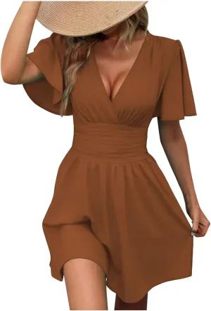 Xiaojmake Short Chiffon Bridesmaid Dress Short Sleeve V Neck Ruffle A Line Wedding Guest Dress A Line Formal Evening Gown