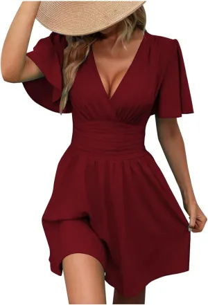 Xiaojmake Short Chiffon Bridesmaid Dress Short Sleeve V Neck Ruffle A Line Wedding Guest Dress A Line Formal Evening Gown