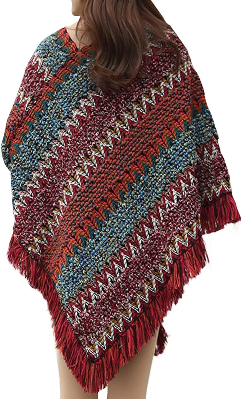 xxxiticat Women's Multi-Way Wearing Fringe Knitting Bohemian Cloak Sweaters Tassel Loose Stripe Jumpers Capes Coats
